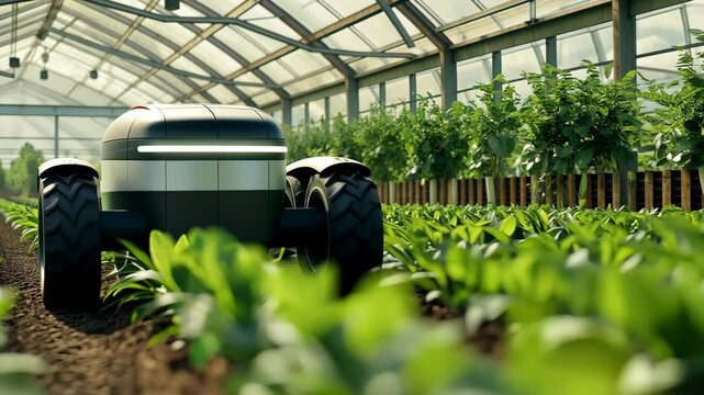 Future Farming AI Agricultural robot in a greenhouse amidst young plant rows. Futuristic farming technology concept for agriculture and sustainability design.