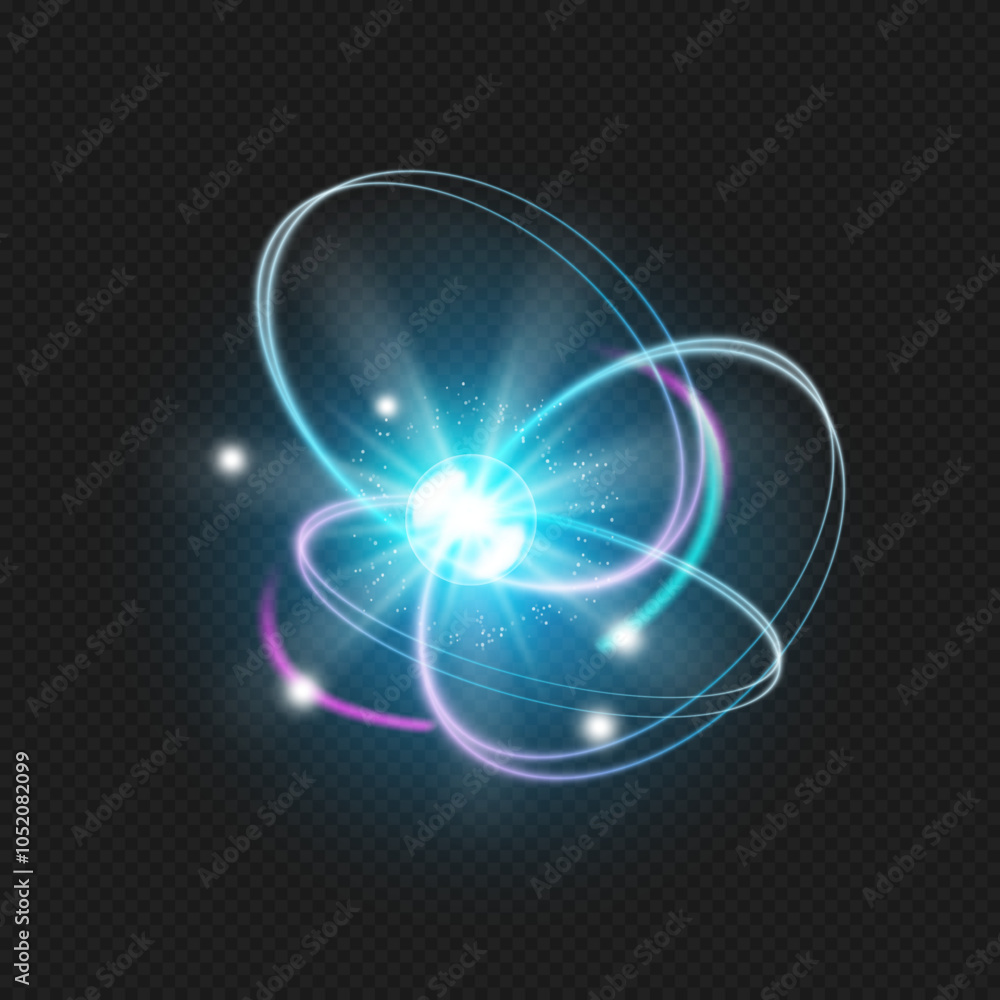 Wall mural atom with neon light. vector ion elements with glowing and shining effect of particle, isolated mode
