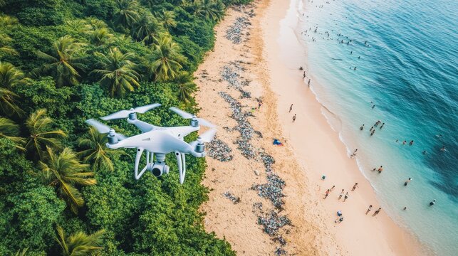Volunteers use drones for beach cleanup and pollution mapping along a scenic coastline at sunset - Powered by Adobe