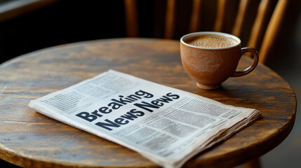 A cup of coffee and a newspaper on a wooden table. 