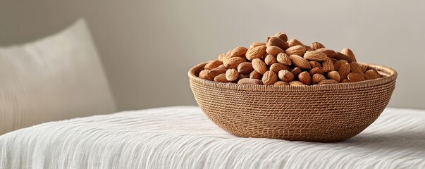 Fototapeta premium 3D view of a large rattan bowl filled with assorted nuts and dried fruit, placed on a linen tablecloth, Nuts and dried fruit in rattan bowl, Rustic and wholesome snack