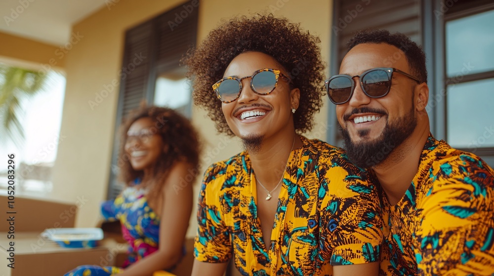 Aufkleber BIPOC family smiling and taking a break from unpacking surrounded by boxes Stock Photo with side copy space
