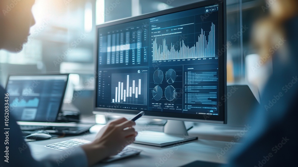 Poster data analysis on computer screens in modern office