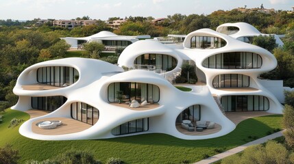 Fototapeta premium Futuristic mountain resort featuring sustainable architecture integrated into the landscape surrounded by nature