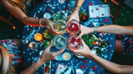 Overhead view of colorful cocktails on festive table.
