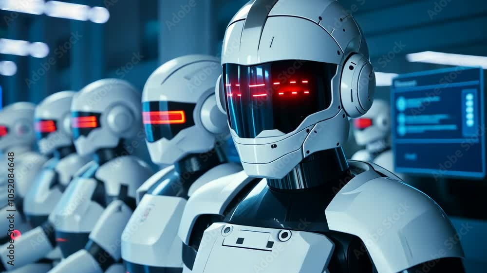 Poster futuristic ai robots in row, advanced technology artificial intelligence concept, robotic industry b