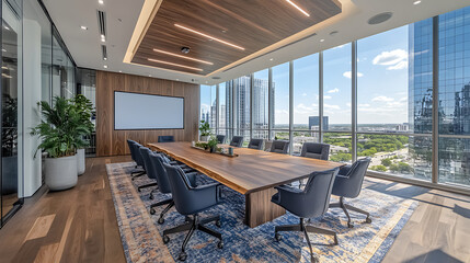 Spacious boardroom with a wooden conference table and a projector screen at the front, bright city view visible through the glass walls