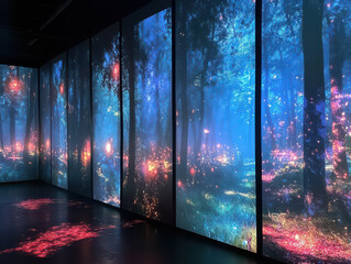 Immersive digital art installation of a vibrant, enchanted forest with colorful lights and magical ambiance.