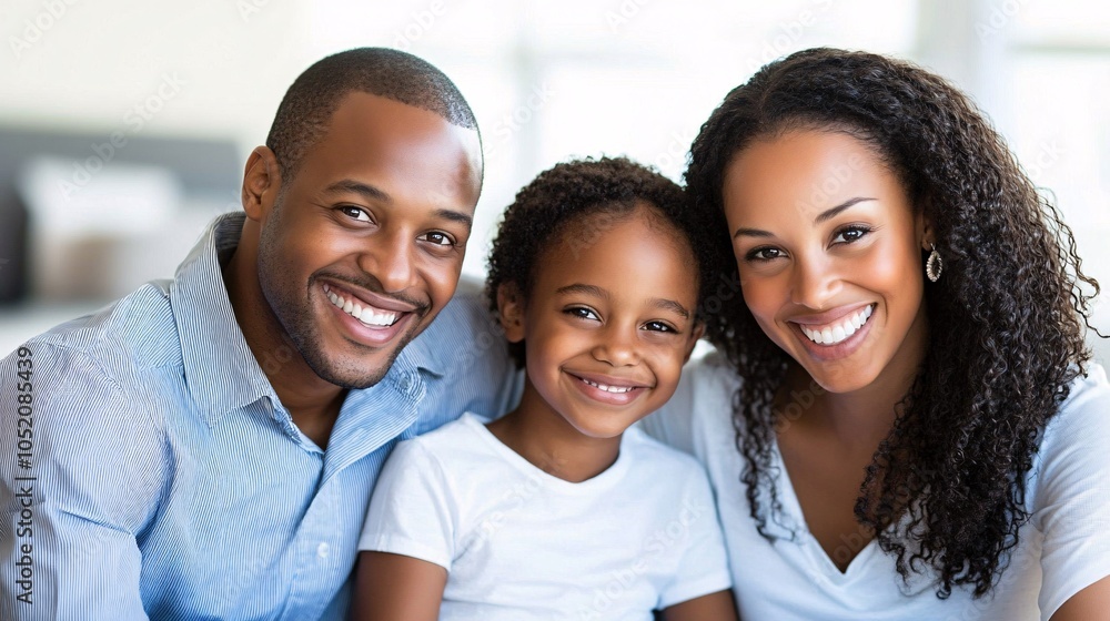 Poster bipoc family smiling and unpacking boxes together in their bright new home stock photo with side cop
