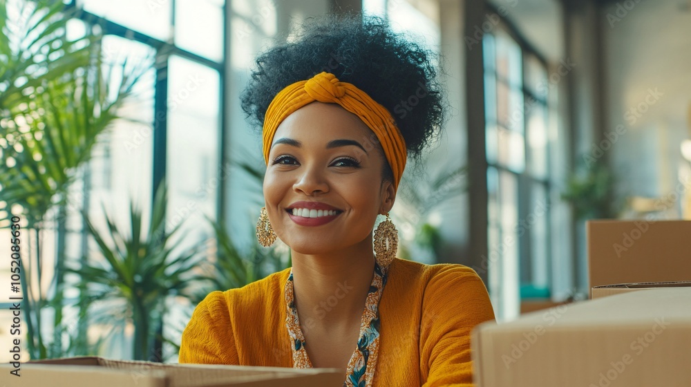 Poster bipoc family smiling and unpacking boxes together in their bright new home stock photo with side cop
