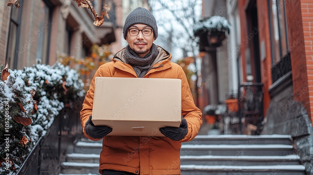 Poster asian man carrying a large cardboard box up the stairs during a move stock photo with side copy spac