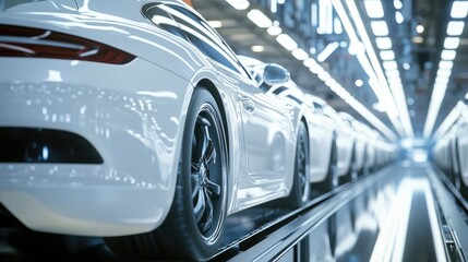 Obraz premium White Cars on Production Line in Automotive Factory