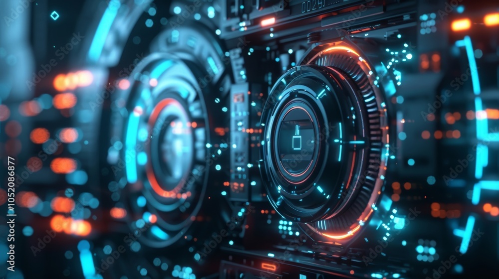 Poster futuristic technology interface displaying a glowing padlock icon, symbolizing cybersecurity, data p