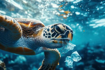 Obraz premium Underwater view of a sea turtle attempting to eat floating plastic debris, sharp focus on the turtle s face, high contrast, deep ocean blue tones, emotional and realistic