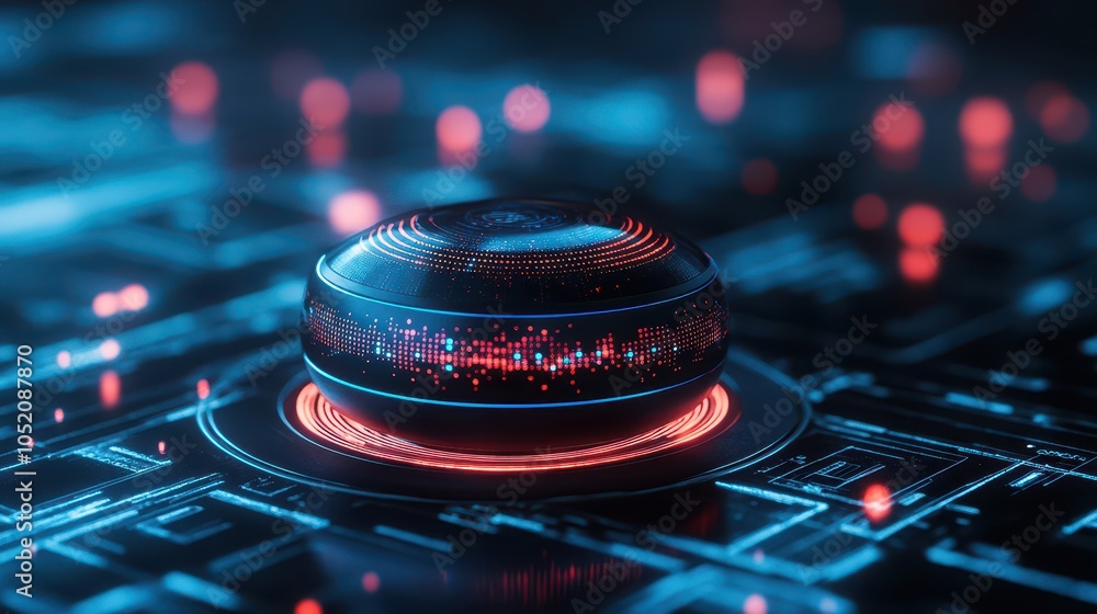 Poster futuristic technology concept featuring a glowing orb on a high-tech circuitry background with a dig