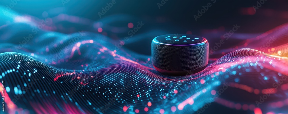 Poster exploring the future of smart technology a close-up on a wireless speaker amidst a vibrant data visu