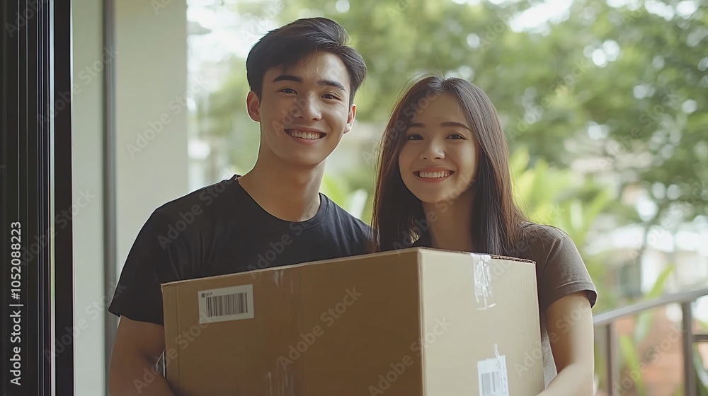 Poster young asian couple smiling and stacking moving boxes while organizing their new home stock photo wit