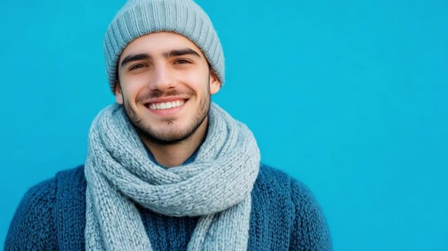 A young man dressed in a warm sweater and scarf smiles joyfully against a vibrant blue backdrop, radiating positivity in winter