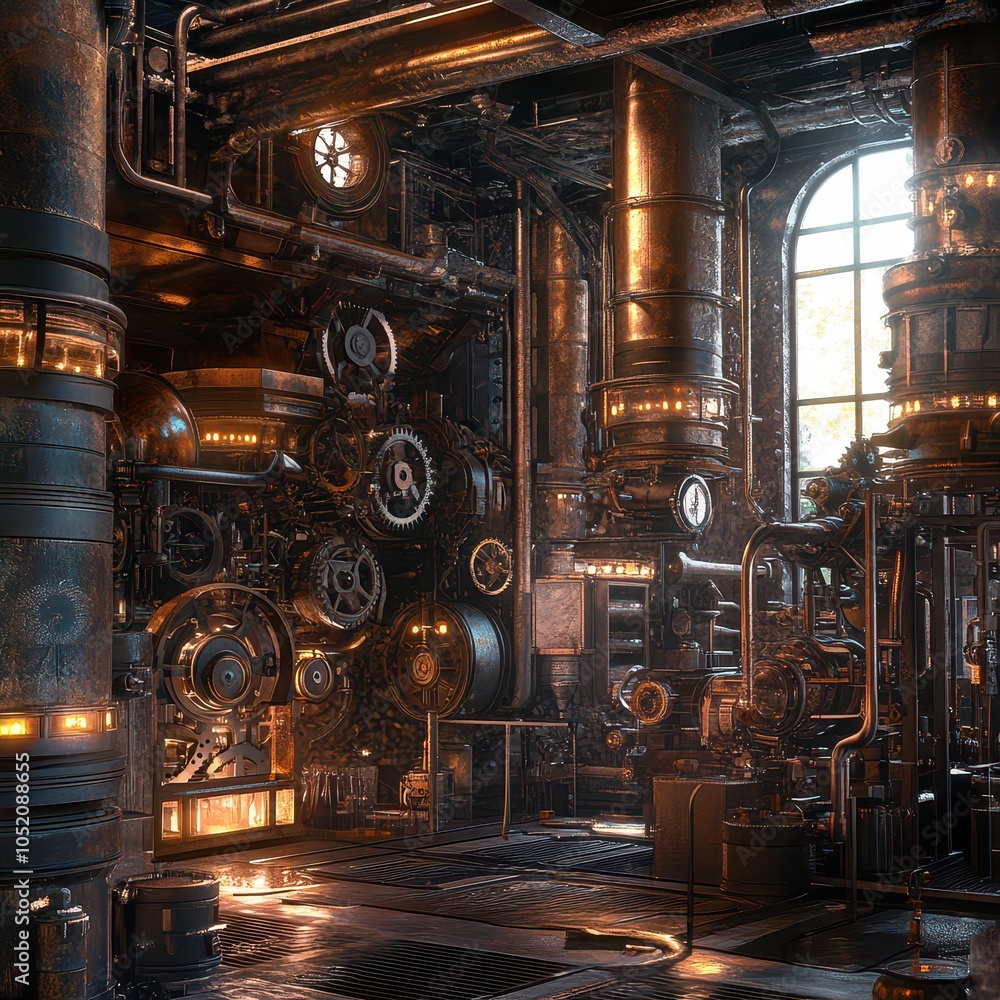 Aufkleber exploring the intricate design and functionality of a steampunk-inspired industrial space with vinta