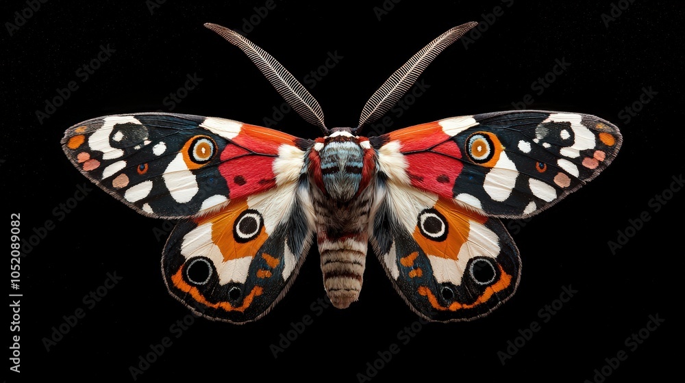 Poster colorful moth with wings spread, isolated to showcase intricate patterns
