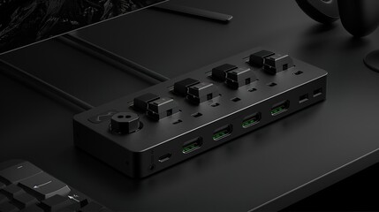 Obraz premium Close-Up of Sleek Modern USB Hub with Multiple Ports on Clean Minimalist Desk - Ample Space for Product Showcase