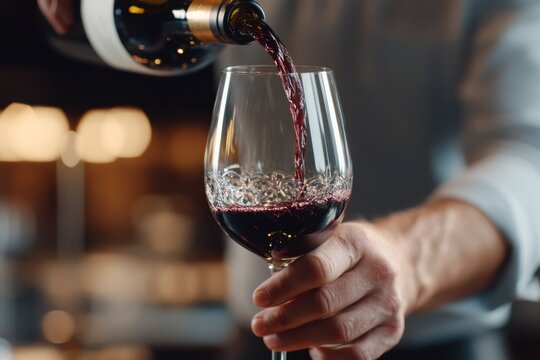 The image captures a hand pouring red wine into a glass, exemplifying sophistication and leisure, framed by an elegant and ambient restaurant setting.