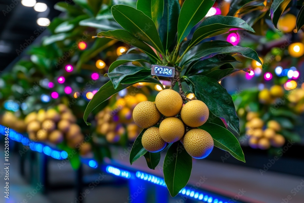 Poster longan fruits displayed in a high-tech market with holographic price tags and neon accents, creating