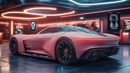 Fototapeta premium Pink Concept Car in a Futuristic Garage