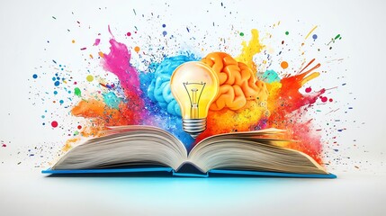 Open book with colorful brain and light bulb.
