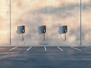 Three modern EV charging stations are mounted on a concrete wall in an empty parking lot under soft evening light.