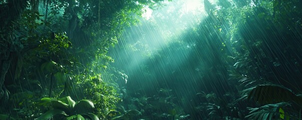Obraz premium Enchanting rainforest a captivating journey through lush greenery and ethereal sunlight filtering through the canopy