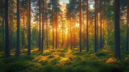 Fototapeta premium Golden Sunlight Filtering Through a Dense Forest of Tall Pine Trees