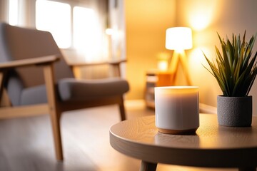 A peaceful therapy office with a therapist sitting in a modern chair, listening attentively to a client. The room is softly lit and has warm, calming tones, leaving space for text overlay