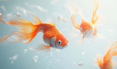 Fototapeta premium 3D goldfish swimming gracefully, with flowing fins and a subtle orange hue against a clean white background