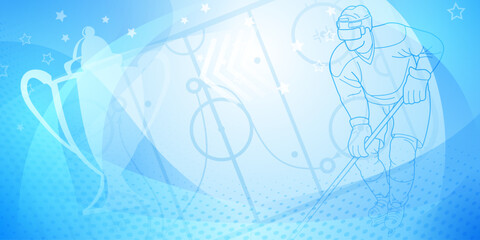 Hockey themed background in blue. Digital illustration featuring a hockey player on the ice, with a trophy and a starry background.