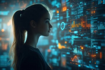 Silhouetted figure of woman with overlay of data grids and graphs, technology, modern insights