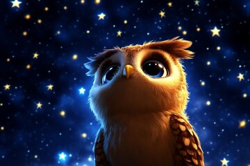 a 2D cartoon illustration of a baby owl looking up at the stars calm and magical night theme white background