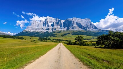 Majestic Mountain Range with Winding Road and Green Meadow under Blue Sky