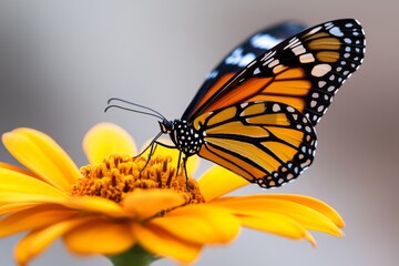 Obraz premium a 2D cartoon illustration of a butterfly landing on a flower bright and cheerful white background