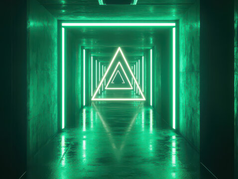 Futuristic neon-lit corridor with glowing green triangular lights creating an infinite tunnel effect.