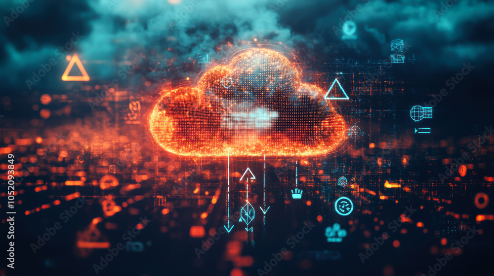 Poster digital cloud symbol with glowing connections representing data exchange and technology in a futuris