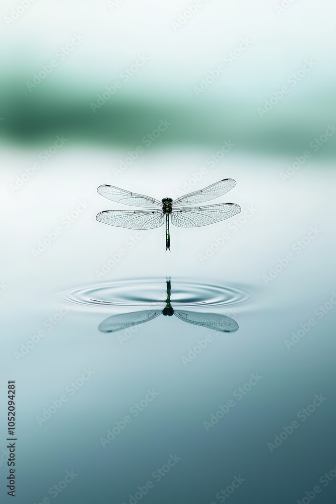 Poster dragonfly hovering above water, isolated to emphasize its reflection