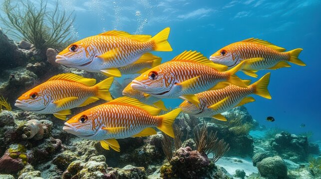School of Yellowtail Snapper Fish Swimming in a Coral Reef