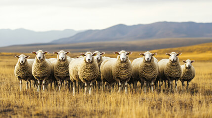 Fototapeta premium Group of sheep grazing peacefully in a golden meadow under a dramatic sunset in a rural landscape