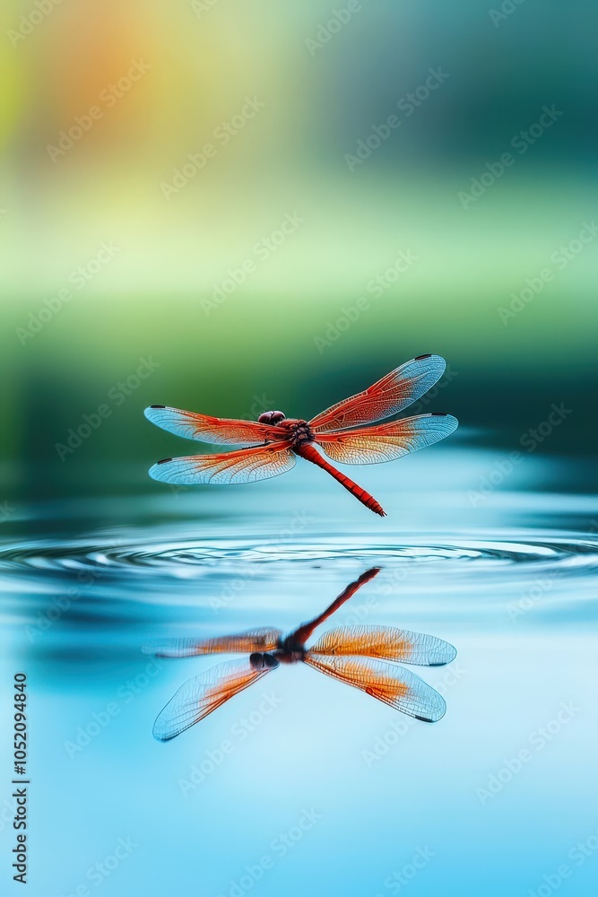 Poster dragonfly hovering above water, isolated to emphasize its reflection