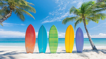 Colorful surfboards standing on a beach with beautiful sea and palm trees background in summer time