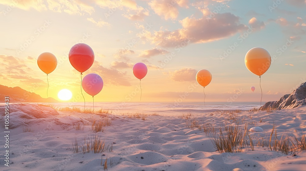 Poster balloons bobbing over a sandy beach with a sunset backdrop, creating a serene scene with space for c
