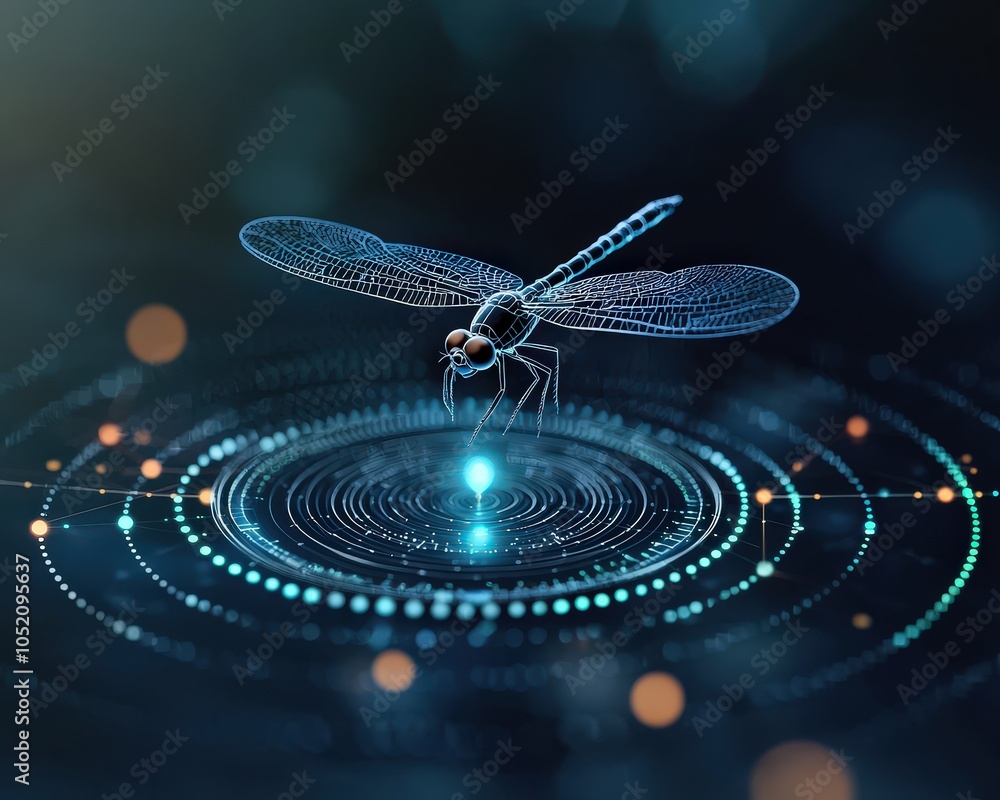 Poster dragonfly landing on a data point, symbolizing precision in business management