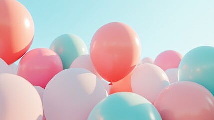 Balloons in pastel shades against a clear sky, providing a soft, cheerful background with copy space