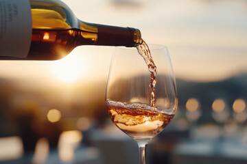 A beautifully composed image capturing the essence of leisure as wine is poured into a glass at sunset, blending romanticism, elegance, and tranquility in a scenic outdoor setting.